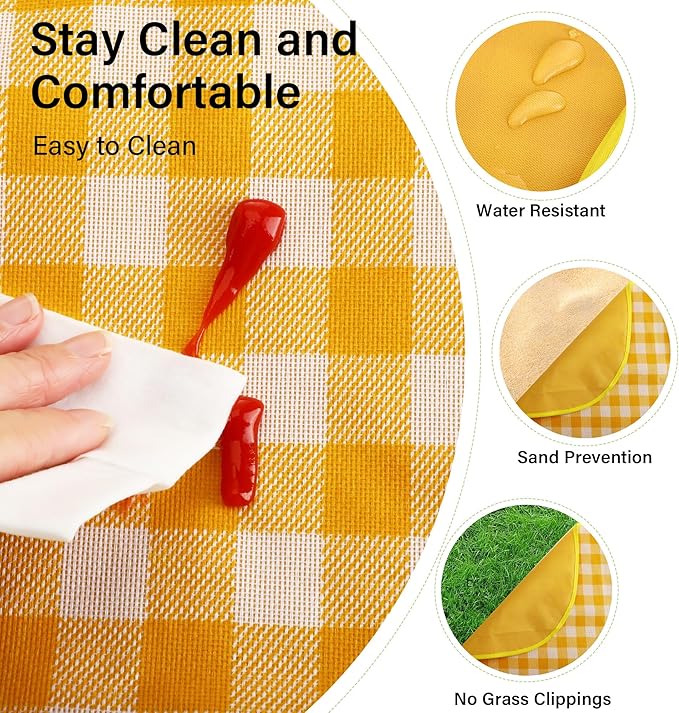 Picnic Blankets Waterproof Foldable Yellow Gingham Beach Mat Tote Handbag for Camping Travel Park (60x80 inch)