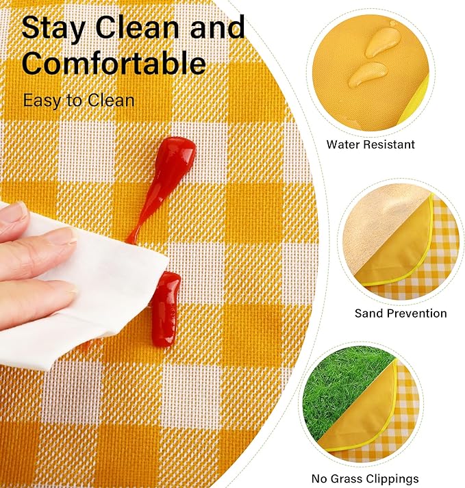 Picnic Blankets Waterproof Foldable Yellow Gingham Beach Outdoor Blanket Tote handbag for Park Travel Camping (40x60 inch)