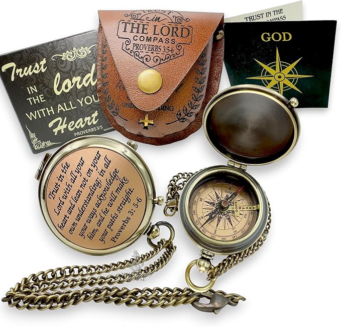 Bible Verse Brass Compass – “Trust in The Lord with All Your Heart” (Proverbs 3:5-6) | Religious Gifts for Men, Women, Boys, Girls, Teens | Daily Encouragement, Easter, Baptism, Faith-Based Keepsake