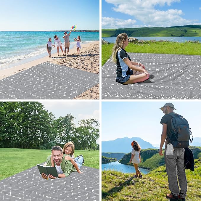 78''×86'' Large Beach Blanket for 4 Adults, Outdoor Beach Mat Sand Proof Waterproof with 4 Stakes & 4 Corner Pockets, Polyester Lightweight Comapct Grey Picnic Blanket for Travel, Camping, Hiking