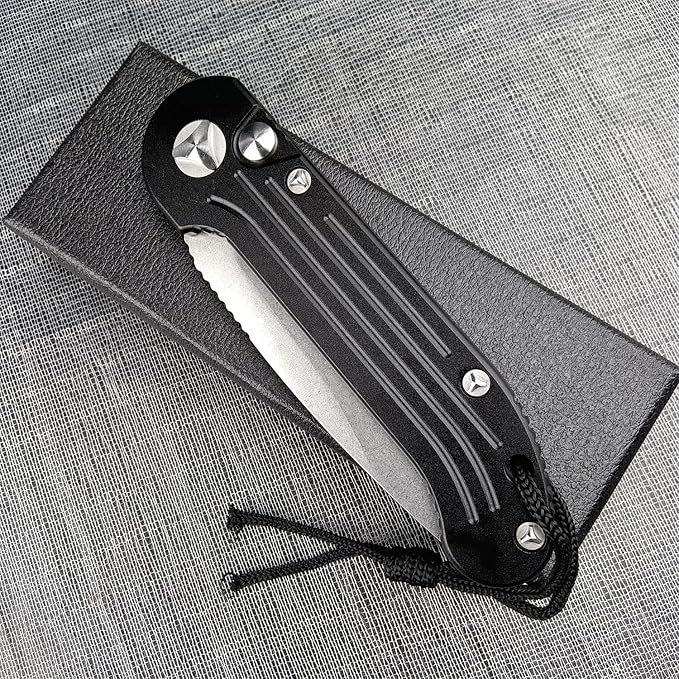 7.95 Inch Tactical Folding Knife, 8Cr13MoV Stonewashed Blade Black Aviation Aluminum Handle, Push Button Opening Outdoor Knife, SpeedSafe Assisted Survival Knife With Pocket Clip
