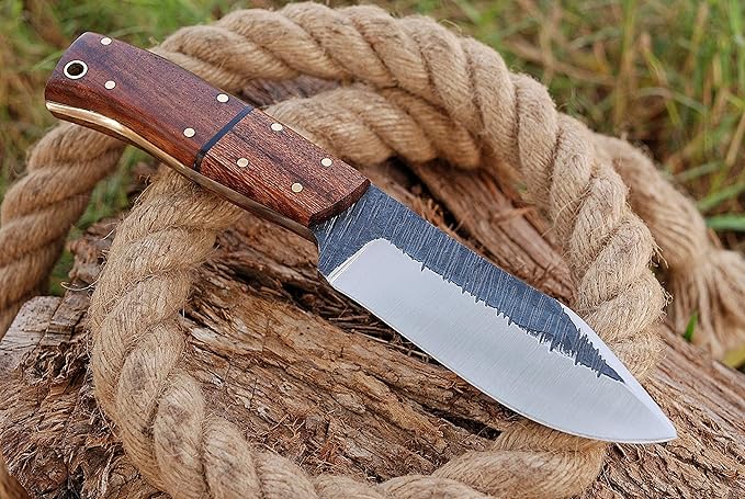 High Carbon Steel Knife, Full Tang Bushcraft Knife - Hunting Knife, Survival Knife, Fixed Blade Knife & Camping Knife with Rose Wood Handle & Leather Knife Sheath