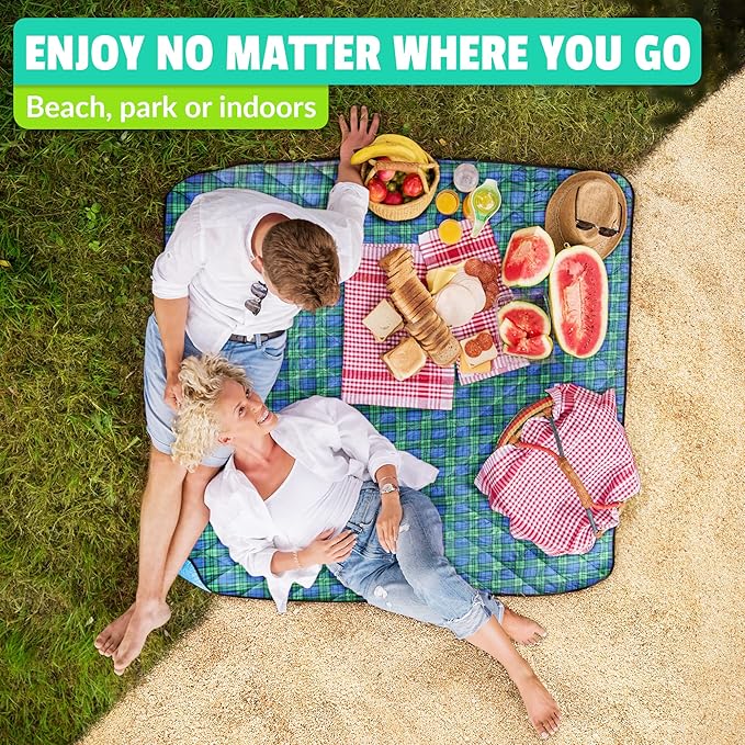 Beach Blanket Sand Proof & Outdoor Picnic Blanket - Water Resistant, Large Mat for Camping or Travel. Washable, Foldable, Easy Carry Compact Tote Bag (Green/Blue Plaid)