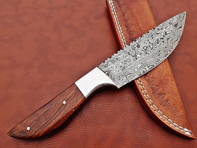 9.5" Walnut Wood Scale with Steel Bolster Skinning Knife, Full Tang Blade Rain Drop Pattern Straight Back Hand Forged Damascus Steel, Cow Leather Sheath (Brown) (Brown)