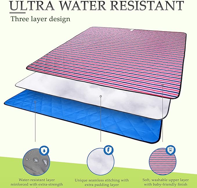 Beach Blanket Sand Proof & Outdoor Picnic Blanket - Water Resistant, Large Mat for Camping or Travel. Washable, Foldable, Easy Carry Compact Tote Bag Stripes (Red/White/Blue)