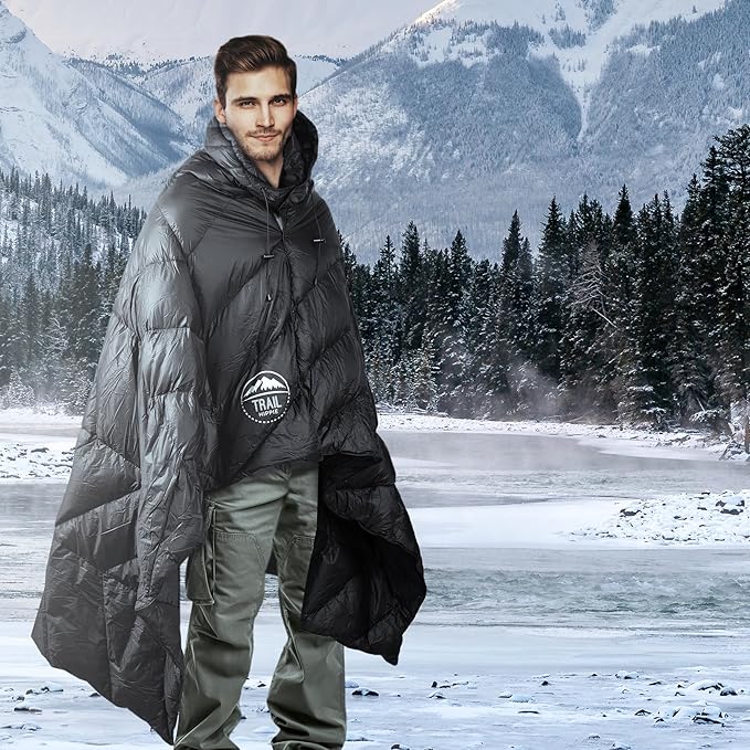 Luxurious Ultralight Down Camping Blanket | Perfect for Backpacking | Packable Puffy Outdoor Quilt with Hood & Pad Straps | Ideal for Travel Camping & Soccer Moms | 80x54 Black