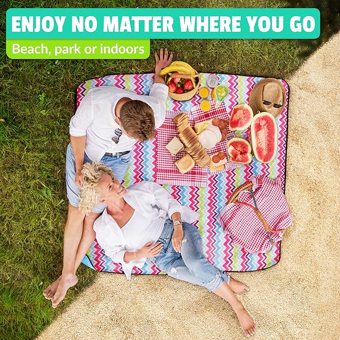 Beach Blanket Sand Proof & Outdoor Picnic Blanket - Water Resistant, Large Mat for Camping or Travel. Washable, Foldable, Easy Carry Compact Tote Bag (Wave Design)