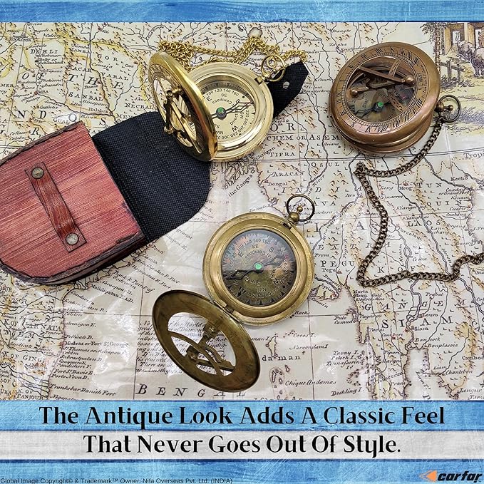 Nautical Sunclock Compass Handmade Solid Brass Vintage Style Sundial Push Open Navigational Compass with Leather Gift Case Best for Your Loved Ones