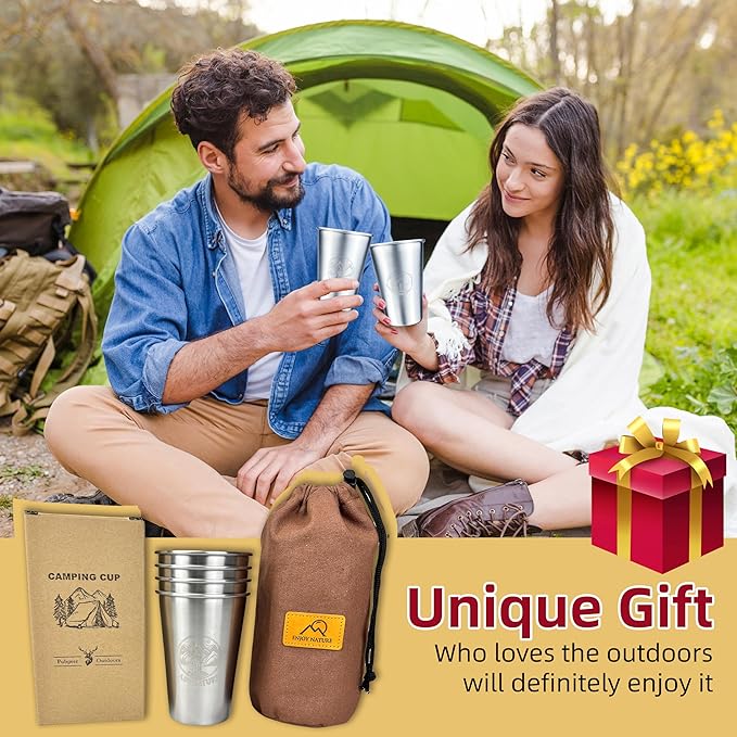 Camping Cup 16oz (4 Pack) Camping Gift for Him Father Stackable Metal Mug Pint Cup 18/8 Stainless Steel Cup for Outdoor Picnic Hiking Fishing Surfing Party Drinking Glasses (4 silver)