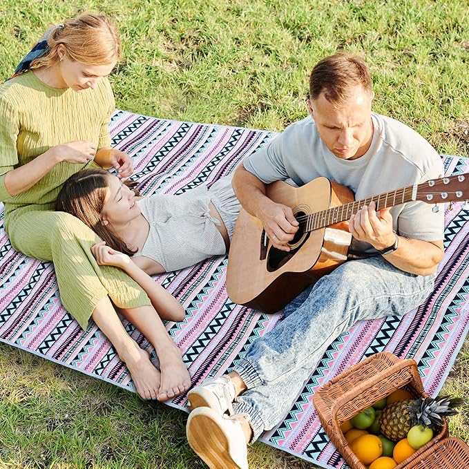 Picnic Blankets, Waterproof & Sandproof Picnic Blanket 3 Layers Thickened for Water-Resistant Handy Mat, 79" x 57" Cotton Camping Blankets for Beach, Camping, Park, Travel, Grass (Pink)