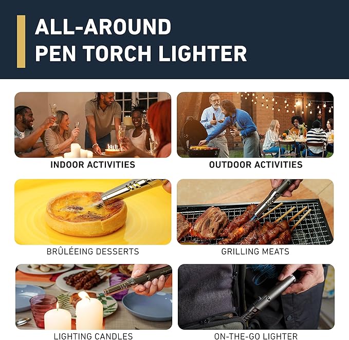 Pen Torch Lighter - Refillable Single Flame Butane Torch Lighter for Candle, & Cooking w/Adjustable Flame & Ignition Lock - Luxurious Handheld Camping Lighter & Gift Box by inZaynity - Grey & Steel