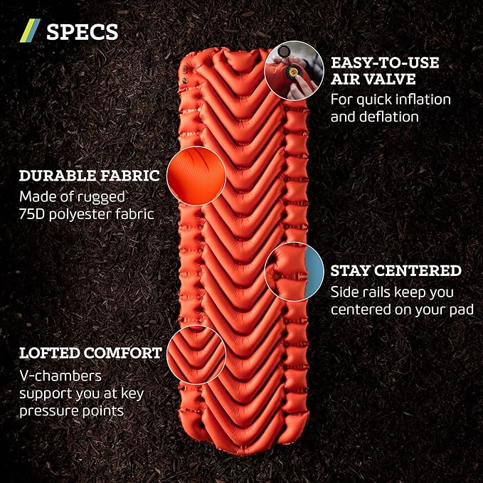 KLYMIT Insulated Static V Inflatable Sleeping Pad | Comfortable, Lightweight, Easy to Inflate, Portable Air Bed Mattress for Camping, Backpacking and Hiking — Orange