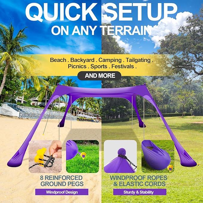 Buheco Beach Tent Pop Up Shade 10x10ft Beach Canopy Sun Shelter UPF50+ with 4 Foldable Poles-Portable Carrying Bag-Sand Shovel-Ground Pegs-Windproof Ropes for Outdoor Family Camping-Fishing-Picnic