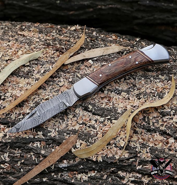 Capra Knives CK-43 Handcrafted Folding Pocket Knife 5” Folded, 9” Long Overall, 8oz Mohagni Wood Handle, Damascus Blade with Leather Sheath