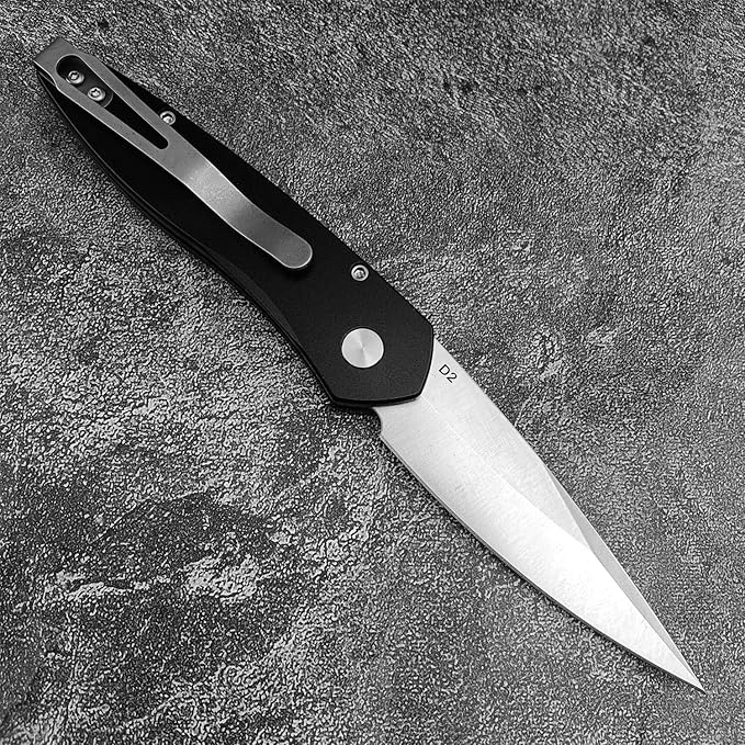 HUAAO 6.89 Inch Outdoor Folding Knife, D2 Clip Point Blade Black T6-6061 Aviation Aluminum Handle With Pocket Clip, Hunting Survival Everyday Carry Knives