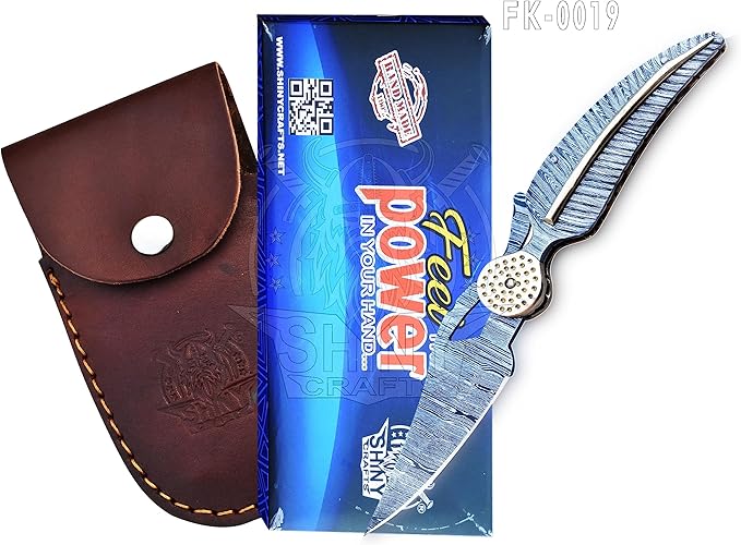 SHINY CRAFTS -Pocket Knife Damascus Hunting Knife OTF Knife Tactical Knife For Men- Pocket Knives - Everyday Carry - PlainEdge - Leather Sheath (FK 19)