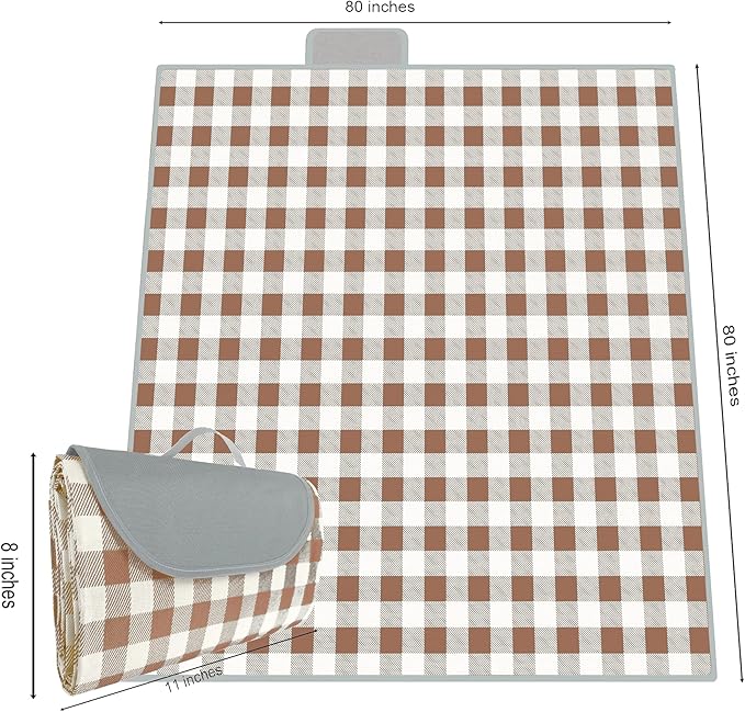 QWXNRG Outdoor Picnic Blanket, Foldable Waterproof Sand Mat, Extra Large Picnic Blanket 80" x 80" for Beach Camping Hiking Travel Outdoor Family Concerts - Brown Striped