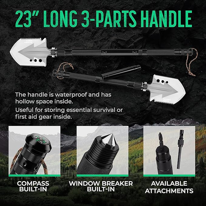 Survival Shovel and Camping Axe โ Stainless Steel Tactical, Survival Multi-Tool and Survival Hatchet Equipment for Outdoor Hiking Camping Gear, Hunting, Backpacking Emergency Kit(Black)