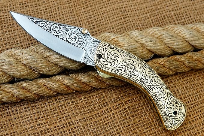 GLADIUS CRAFTS" Exquisite 7.5-inch Hand-Crafted Folding Knife - 3.5-inch D2 Steel Blade with 4-inch Hand-Engraved Brass Handle - Ideal for Collection, EDC Tool, or any other Practical Use - An Extraordinary Gift