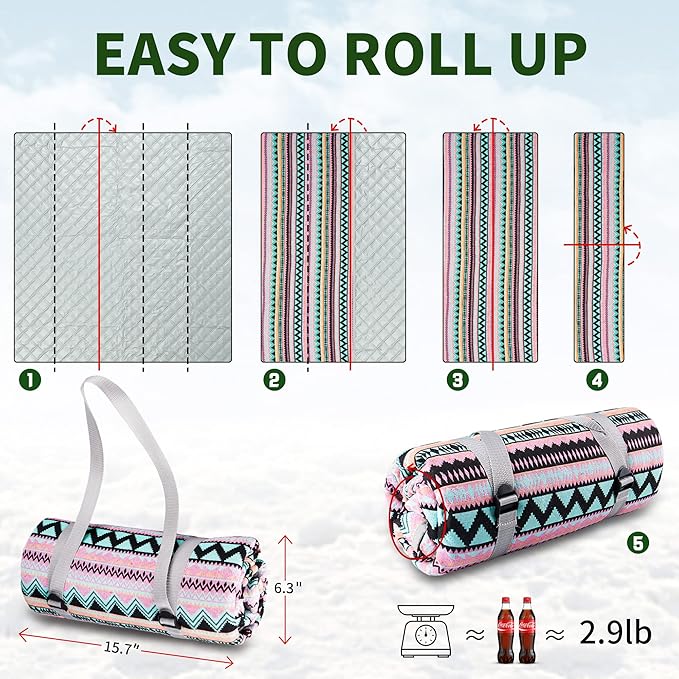 Picnic Blankets, Waterproof & Sandproof Picnic Blanket 3 Layers Thickened for Water-Resistant Handy Mat, 79" x 57" Cotton Camping Blankets for Beach, Camping, Park, Travel, Grass (Pink)