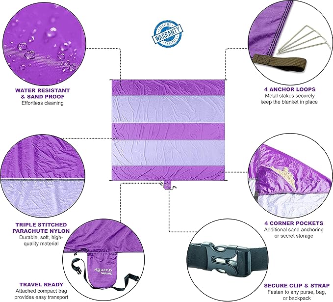 Premium XXL Beach Blanket Sandproof Water Resistant Quick Dry Mat 10ft by 9ft for 1-8 Adults with 4 Metal Stakes, 4 Corner Pockets, Secure Clip and Strap, and Attached Bag