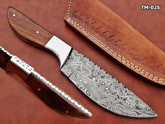 9.5" Walnut Wood Scale with Steel Bolster Skinning Knife, Full Tang Blade Rain Drop Pattern Straight Back Hand Forged Damascus Steel, Cow Leather Sheath (Brown) (Brown)
