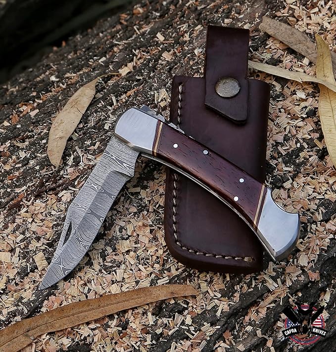 Capra Knives CK-41 Handcrafted Folding Pocket Knife 5” Folded, 9” Long Overall, 8oz Padauk Wood Handle, Damascus Blade with Leather Sheath