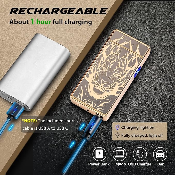 LcFun Plasma Lighter Type C Rechargeable Windproof Lighter USB Electric Lighter Flameless Dual Arc Lighter Electronic Cool Lighters for Candle, Incense Stick, Outdoor Camping (Gold Tiger)