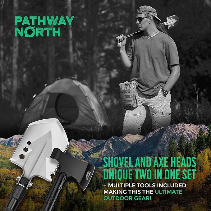 Survival Shovel and Camping Axe โ Stainless Steel Tactical, Survival Multi-Tool and Survival Hatchet Equipment for Outdoor Hiking Camping Gear, Hunting, Backpacking Emergency Kit(Black)