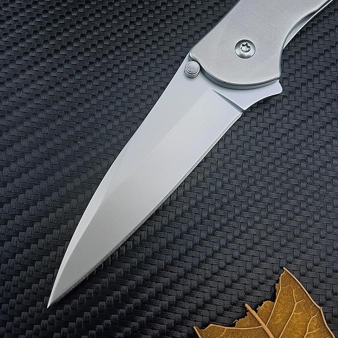 HUAAO Outdoor Flipper Pocket Folding Knife 3" Bead Blast Plain Blade, Stainless Steel Handles Frame Lock,Reversible Pocketclip