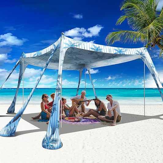 Beach Canopy Beach Tent Pop Up Shade 10x10ft Sun Shelter UPF50+ with 8 Sandbags-2 Sand Shovel-4 Aluminum Poles-Ground Pegs-Portable Carrying Bag for Outdoor Family Camping Fishing Yard Picnic