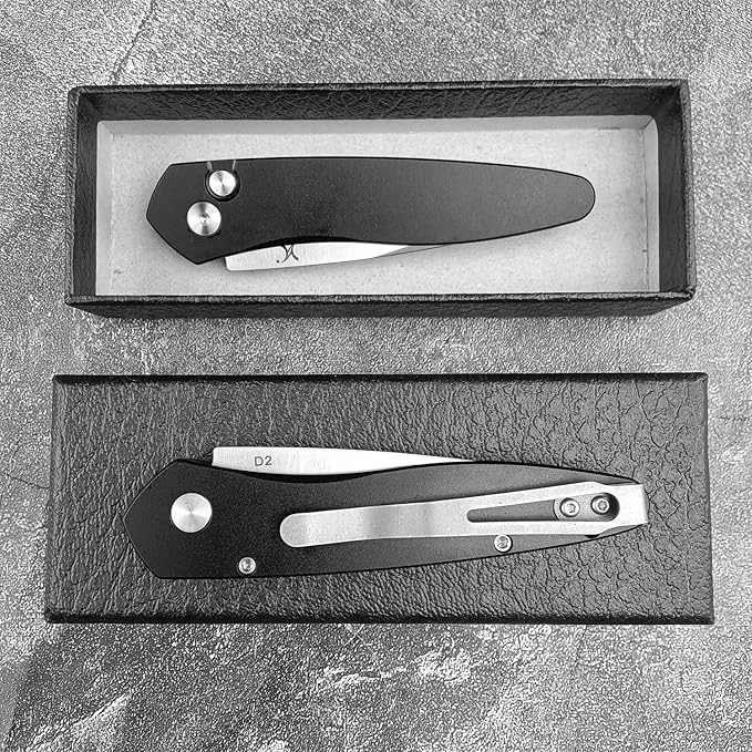 HUAAO 6.89 Inch Outdoor Folding Knife, D2 Clip Point Blade Black T6-6061 Aviation Aluminum Handle With Pocket Clip, Hunting Survival Everyday Carry Knives