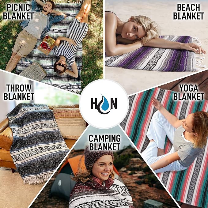 Authentic Extra Large Mexican Blanket (70"x50") - Handwoven Yoga Blanket, Serape Blanket - Artisanal Falsa Blanket, Beach Blanket, Camping Blanket, Picnic Blanket, Outdoor Blanket (Gray)