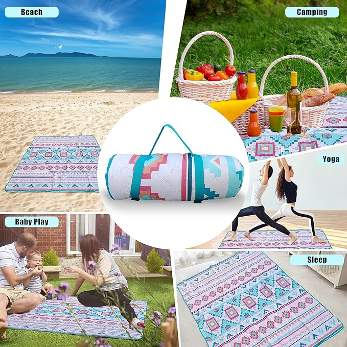 EXELNT Extra Large Outdoor Picnic Blankets Waterproof, for The Beach, Camping Travelling on The Grass, Park Blanket, Rolling Up Packaging,Portable Carring, 79" x 79" Picnic Mat - Aksu Style (Blue)