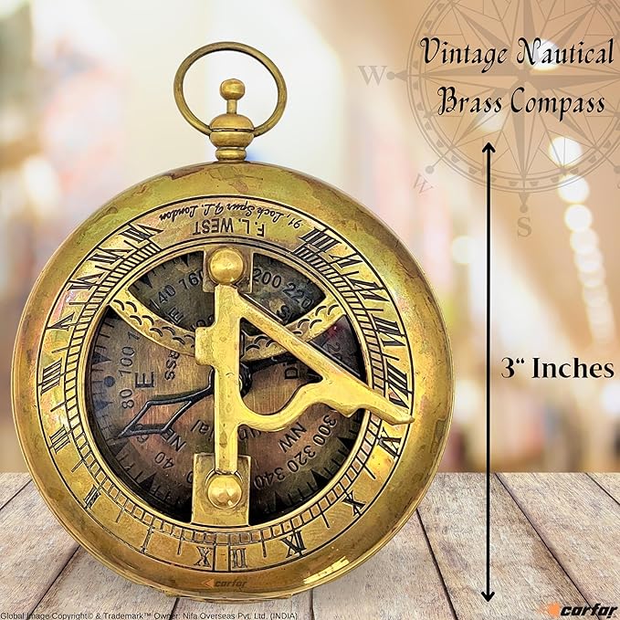 Nautical Sunclock Compass Handmade Solid Brass Vintage Style Sundial Push Open Navigational Compass with Leather Gift Case Best for Your Loved Ones