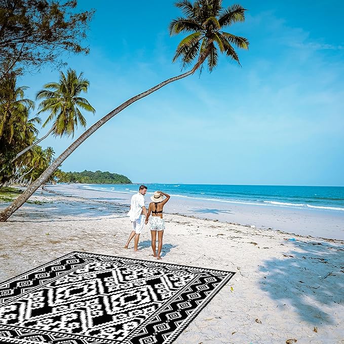 Beach Blanket Waterproof Sandproof, 78''×86'' Large Beach Mat for 2-4 Adults with Stakes and Sand Pocket, Moroccan Outdoor Picnic Blanket for Travel, Camping, Hiking, Beach Essentials