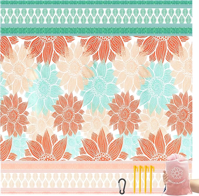 Beach Blanket Sandproof Extra Large Beach Mat Adults Waterproof Quick Drying Sand Free Mat Made by Premium Polyester with 4 Stakes & 4 Corner Pockets for Outdoor Travel Camping Hiking