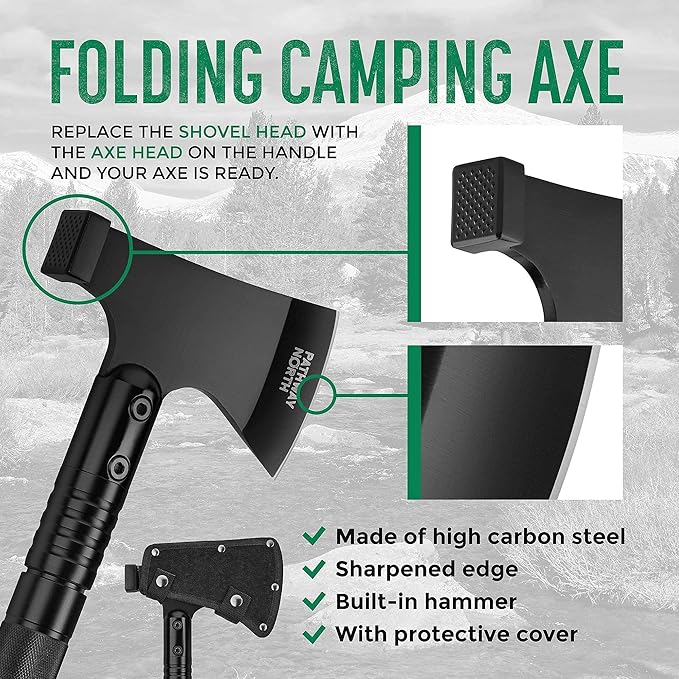 Survival Shovel and Camping Axe โ Stainless Steel Tactical, Survival Multi-Tool and Survival Hatchet Equipment for Outdoor Hiking Camping Gear, Hunting, Backpacking Emergency Kit(Black)