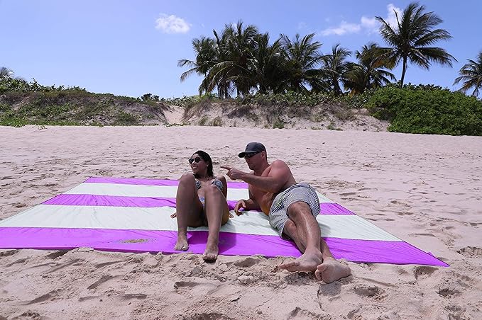 Premium XXL Beach Blanket Sandproof Water Resistant Quick Dry Mat 10ft by 9ft for 1-8 Adults with 4 Metal Stakes, 4 Corner Pockets, Secure Clip and Strap, and Attached Bag