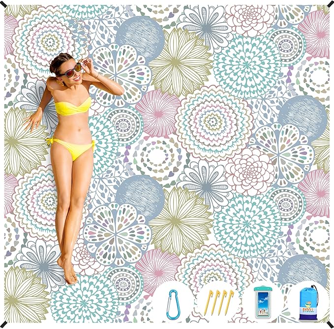 BYDOLL Beach Blanket Sandproof Waterproof 78''×81'' 1-4 Adults Compact Lightweight Oversized Beach Blanket Large Picnic Mat Beach Blanket for Travel Camping Hiking Picnic