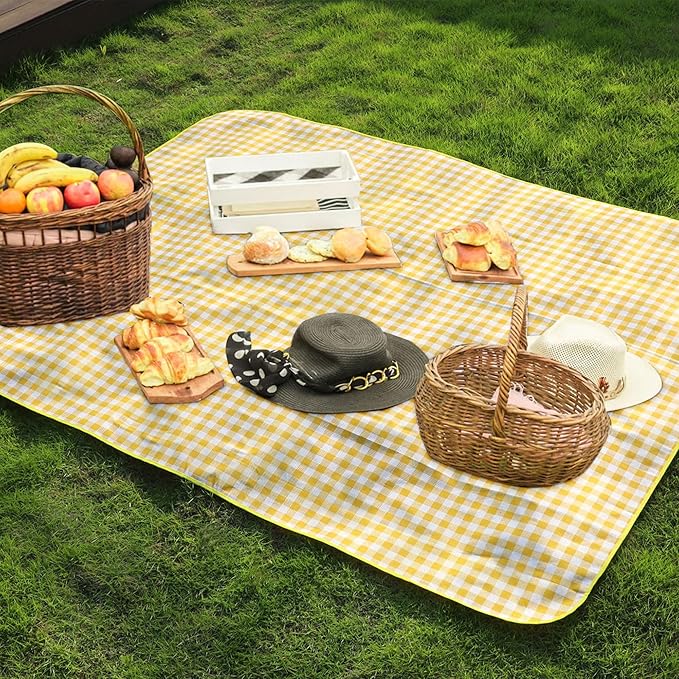 Large Picnic Blankets Waterproof Foldable Yellow Gingham Mat Tote bag for Outdoor Park Beach Camping Travel (80x80 inch)