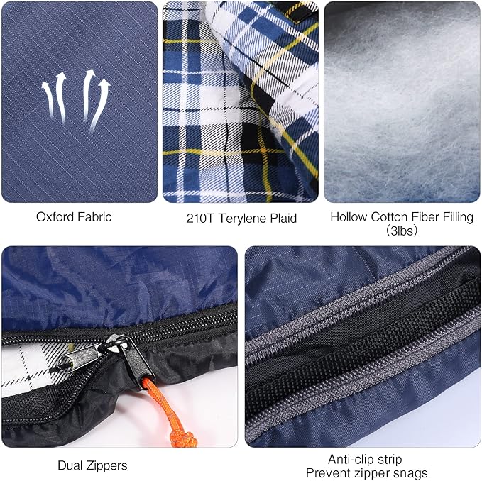 REDCAMP Flannel Sleeping Bag for Adults, Comfortable Cotton Sleeping Bags for Camping with Detachable Hood, Red/Grey/Blue