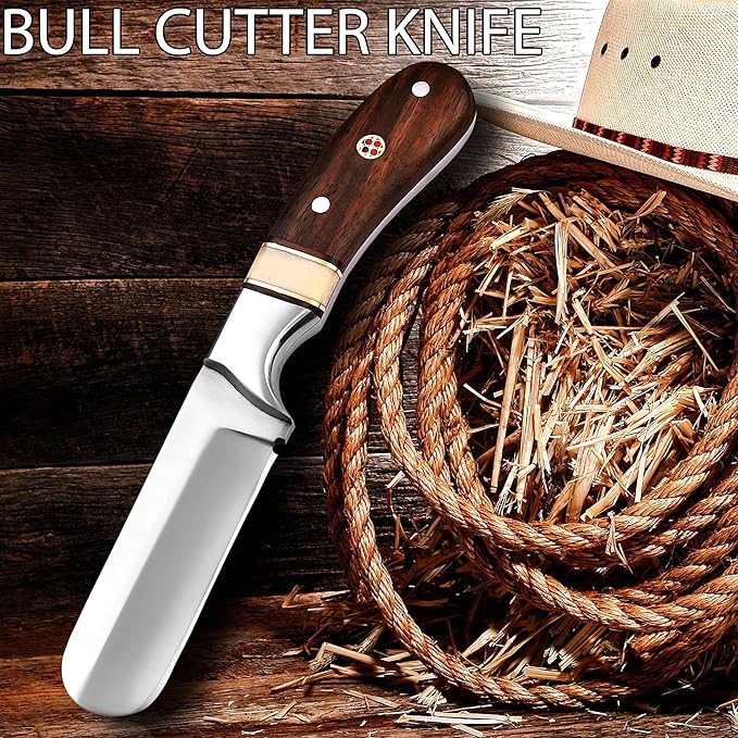 Handmade 1095 High Carbon Steel Bull Cutter Knife with Pancake Leather Sheath, Fixed Blade Cowboy Knife with walnut wood/Bone Handle, Utility Knife, EDC Hunting knife (Walnut Wood)