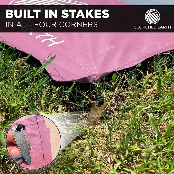 Pocket Blanket for Beach, Travel, Outdoor, Camping, Hiking, Picnic, Festival, Sports - Water Resistant, Compact, Durable Tarp - Corner Pockets, Bag, Built in Stakes (Rose Pink, 60x55)