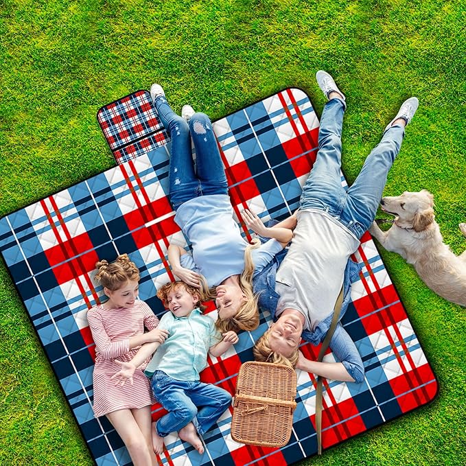 Portable Waterproof Picnic Blanket,Picnic Blankets Extra Large Outdoor 80"x80", Machine Washable, Extra Large Picnic Mat for Grass Concert, Park, Lawn,Travel,Blue Red White Gingham