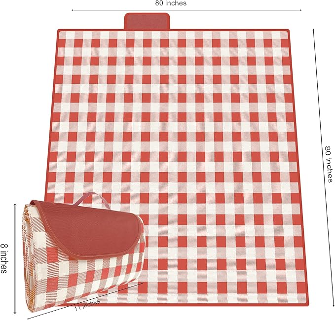 QWXNRG Outdoor Picnic Blanket, Foldable Waterproof Sand Mat, Extra Large Picnic Blanket 80" x 80" for Beach Camping Hiking Travel Outdoor Family Concerts - Red Striped