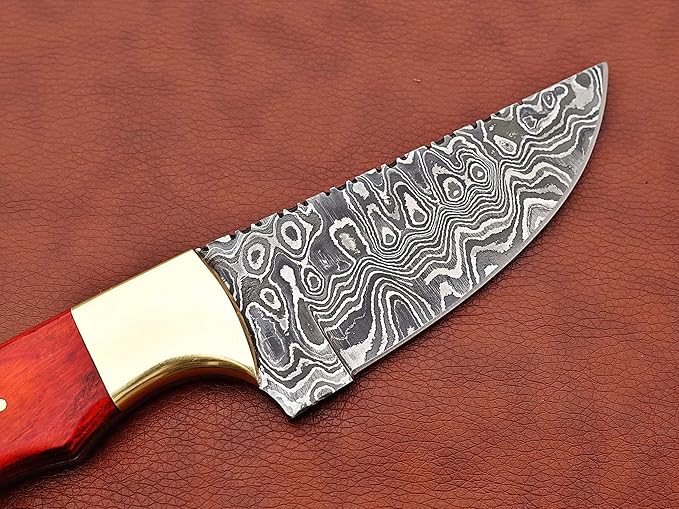 9.5" Long Full Tang Blade Skinning Knife, Rain Drop Pattern Straight Back Hand Forged Damascus Steel, Walnut Wood Scale with Brass Bolster, Cow Leather Sheath (Red)