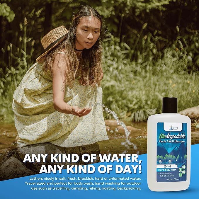 Biodegradable Camping Companion - Organic Fragrance-Free Body Wash and Shampoo for Fresh & Salt Water, Travel Size, Forumalted for Nature