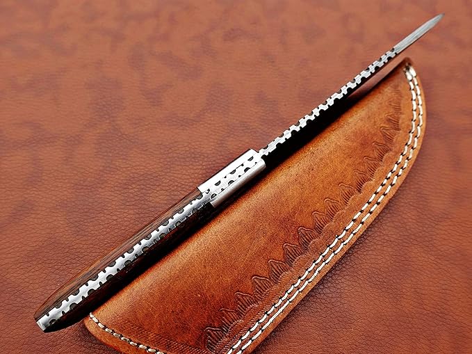 9.5" Walnut Wood Scale with Steel Bolster Skinning Knife, Full Tang Blade Rain Drop Pattern Straight Back Hand Forged Damascus Steel, Cow Leather Sheath (Brown) (Brown)