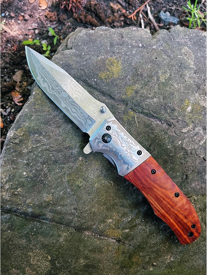 Amz Pocket Knife | 8.7 cm Stainless Steel Blade | Wood Handle | Damascus Design | Outdoor, Tactical Folding Knife